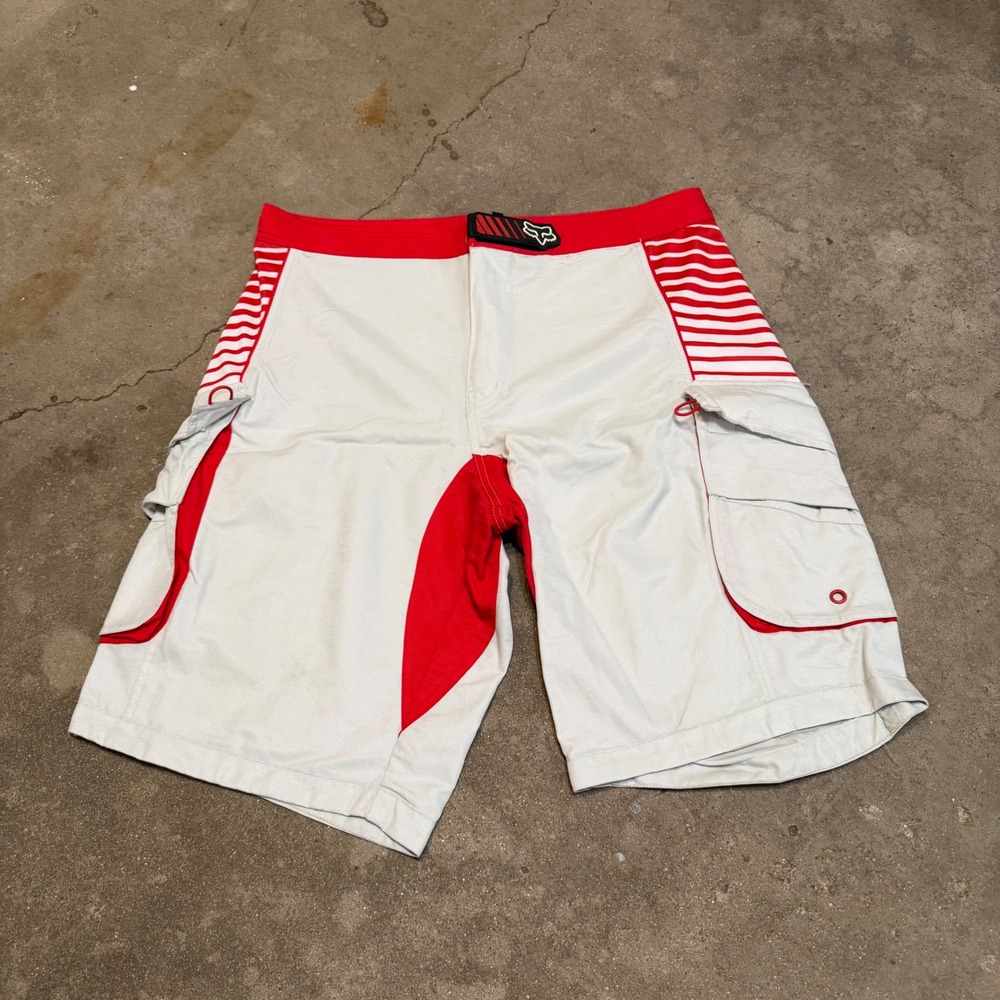 Fox Racing Board Shorts Mens 38 Gray Red Striped Cargo Motocross Swim Trunks